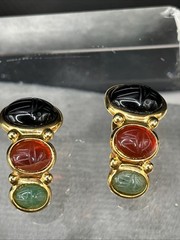 Egyptian Style Carved Scarab Weingeroff Glass/stone Half Hoop Drop Earrings