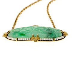 Vintage 1900s Carved Oval Jadeite Jade 56 Natural Pearl 14k Pendant 17 In Chain