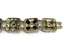 Monet Filigree Panel Bracelet 7″ Multi Color Stones Fold Over Clasp Vintage
