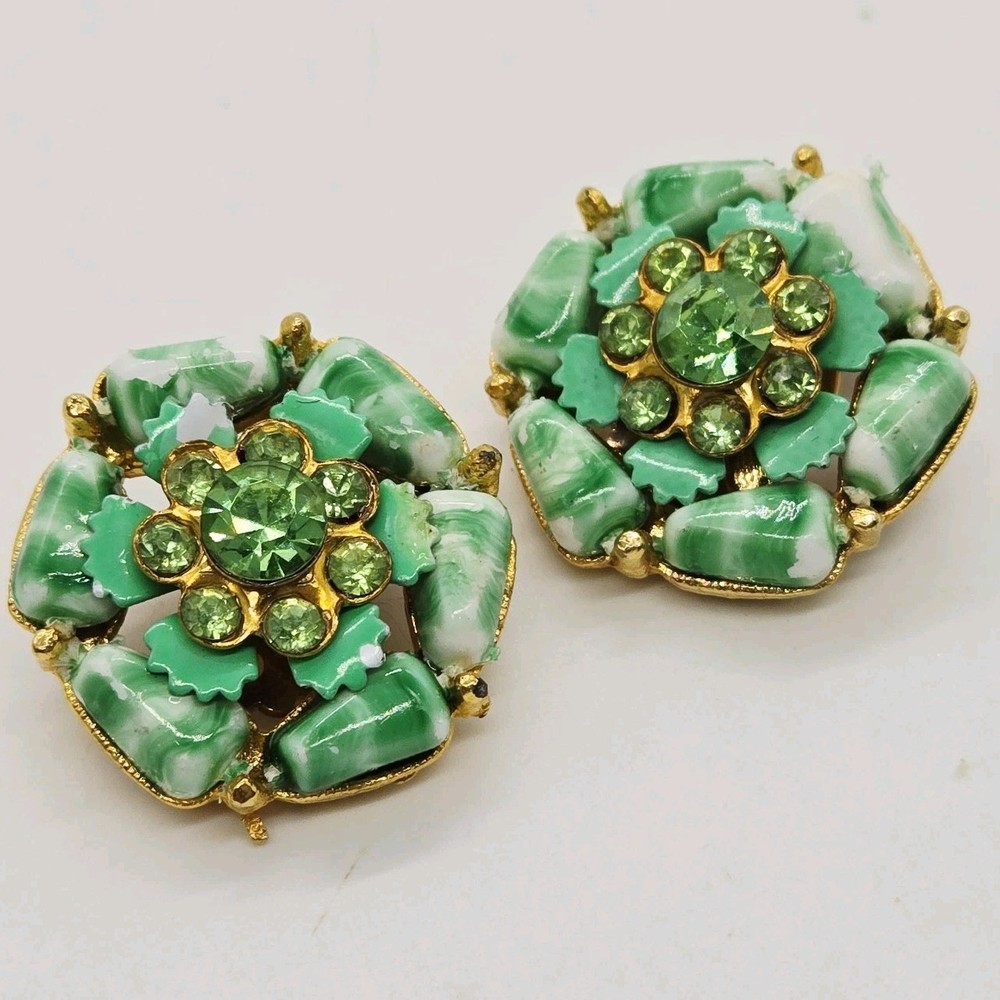 Selro Selini Green Clip On Earrings Rhinestone Flowers Gold tone Designer 1 in
