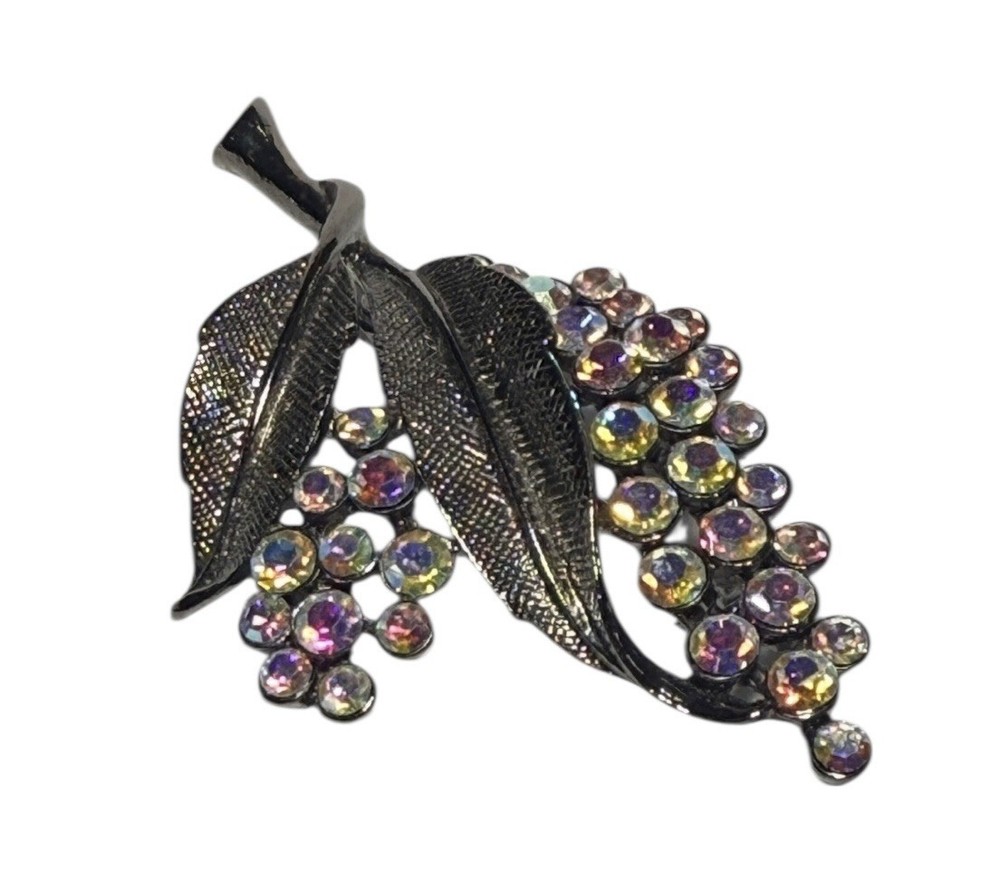 Vtg Aurora Borealis Leaf Brooch Rhinestone Cluster Mid Century Sparkle 2.5”