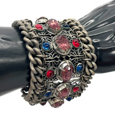 VTG/ANTIQUE Czech open-work silver-tone Mogul rhinestone chain Chunky bracelet
