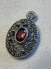 STERLING Silver Marked CW Almandine Garnet AND Marcasite Round Pendant C05