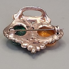 Vintage Rhinestone Crown Brooch Green Confetti Orange Oval Cabochon 37mm
