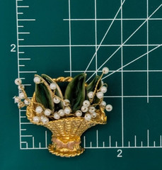 Vintage Lily of the Valley Flower Basket Brooch Faux Pearl Gold Tone Enamel Pin