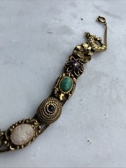 Vintage GOLDETTE NY Victorian Revival Charm Slide Bracelet Jeweled Rhinestone