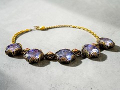 Art Nouveau Austrian Lilac Purple & Pink Crystal Brass Filigree Necklace
