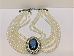 RDC Vintage Faux Pearl Blue Stone Pendant Choker Necklace Costume Jewelry