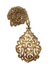 Vintage Crown Trifari Renaissance Teardrop Necklace Pendant Gold Trifarium 28” 8