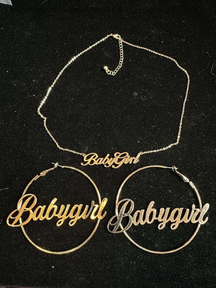 Vintage Baby Girl 17” Necklace and 2.5” Earrings Gold Tone 2 Pieces Set
