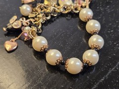 VINTAGE BETSEY JOHNSON PINK CORSET ENAMEL FINISH DANGLING CHARMS FAUX PEARLS…