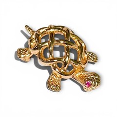 VTG Signed NAPIER Turtle Brooch Gold Tone Knot Shell Pink Rhinestone Eyes