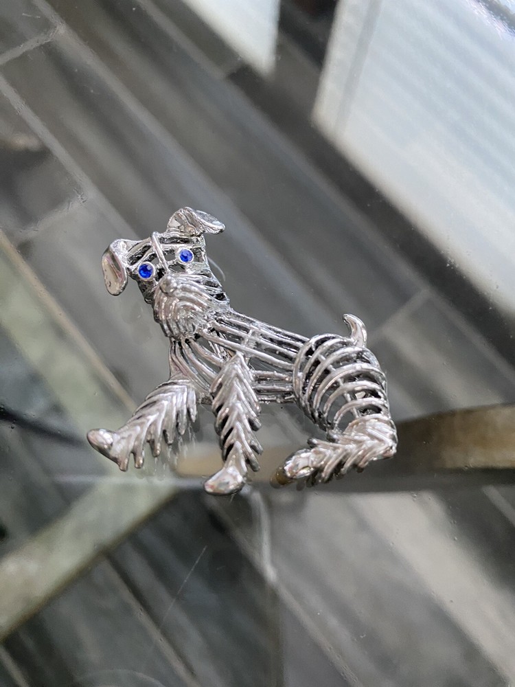 Charming Silver Tone Terrier Dog Brooch Marked GERRY’S with Blue Rhinestone Eyes