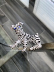 Charming Silver Tone Terrier Dog Brooch Marked GERRY’S with Blue Rhinestone Eyes