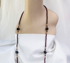 Vintage Single Strand Garnet Necklace With Black Agate Gemstones 36 in