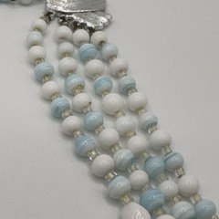 Vintage Multi 4 Strand Necklace Blue White Art Glass Beaded 17″ Choker Bib Japan