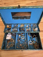 Vtg Jewelry Box With VTG- Now Costume Necklaces, Earings, Brooches, Pins, Etc.