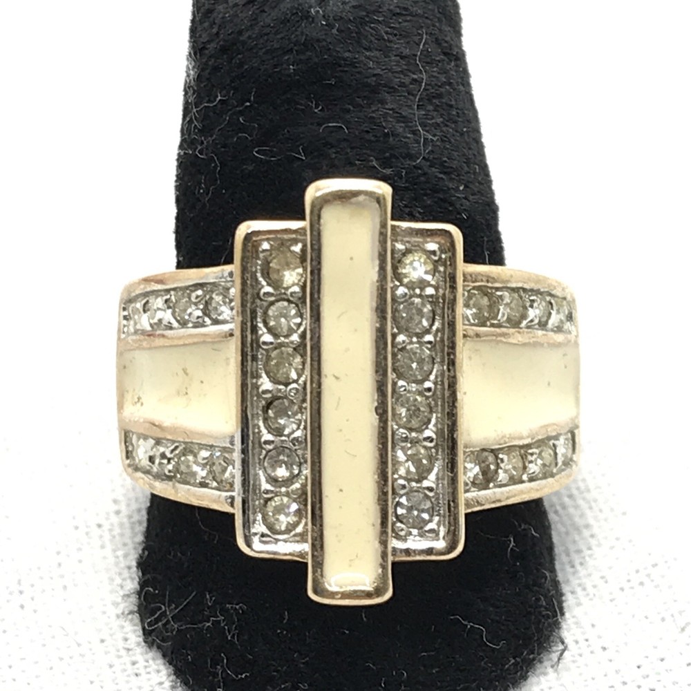 Vintage Signed 18K HGE Gold Plated Cream Enamel Rhinestone Ring varied sizes