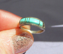 VINTAGE OLD PAWN STERLING ZUNI CS LONJOSE TURQUOISE INLAY RING SIZE 4.5