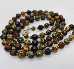 Vintage Faux Scottish Agate Stone Murano Glass Beaded Necklace Earth Tones 30 in