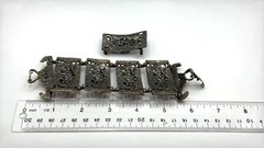 Silver Blue Stone Bracelet Lapis Pearl Vtg Ornate Brutalist Panel Mixed Metals