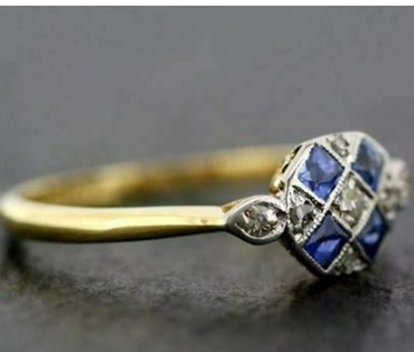 Art Deco 2.60 Ct Diamond & Sapphire Vintage Wedding Ring 14K Yellow Gold FN