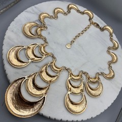 Vintage RJ Graziano Gold Tone Crescent Bib Necklace Runway Statement Hammered 20