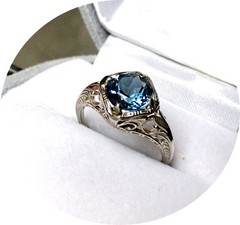 Art Deco – Ring – LONDON Blue Topaz – Solid 14k White Gold Filigree Mtg. – Sz 6.