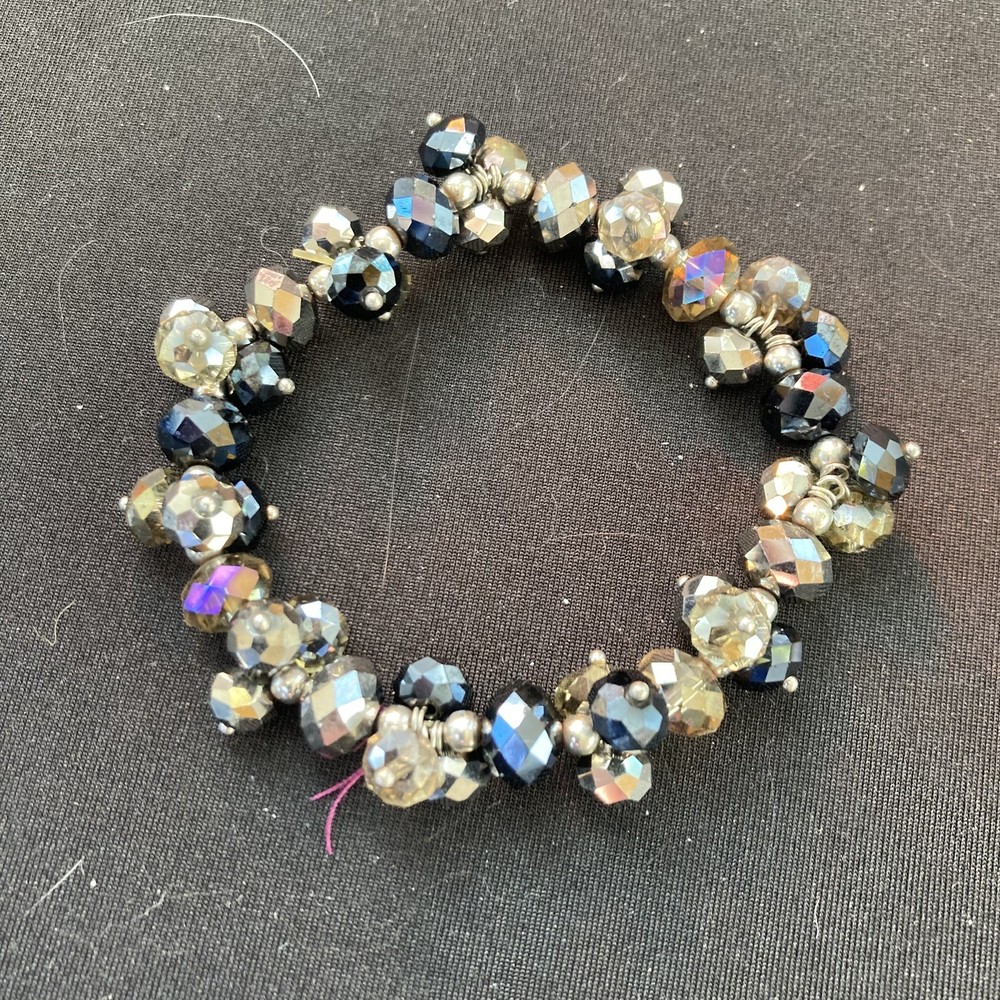 Silver, Black, Smoky Gray Faceted Glass Bead Stretch Bracelet