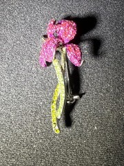 Vintage Floral Flower Pink Green Rhinestone Brooch. 2 1/2 Inches