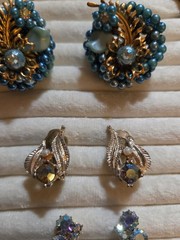 3 Pair Vintage Blue Iridescent AB Stone Clip Earrings