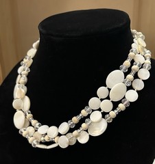 Vintage Triple Strand Shell MOP Crystal Wood Bead Necklace 17” Layered Boho Chic