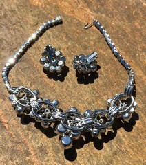 JULIANA DELIZZA ELSTER LINK NECKLACE CLIP EARRINGS SET BLUE RHINESTONES VINTAGE