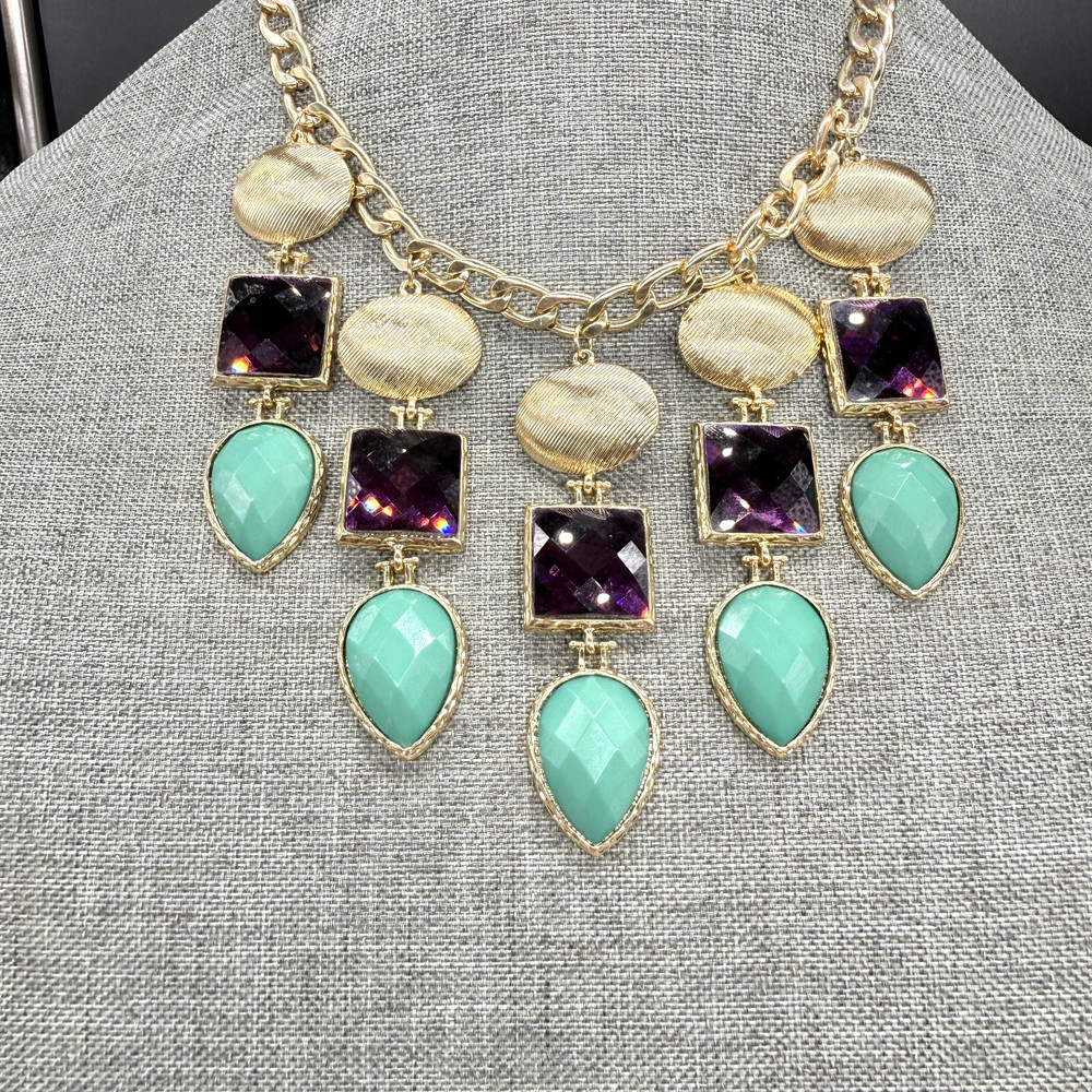 Vintage Statement Bib Necklace Aqua Purple Gold Tone Acrylic Dangles 17 Inches