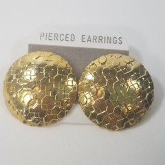Gold Tone Dome Round Vintage Hexagon Textured Pierced 80s 90s