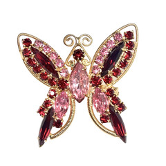 Vtg Juliana Style Butterfly Brooch Red Pink AB Rhinestone Gold Tone Pin RETRO