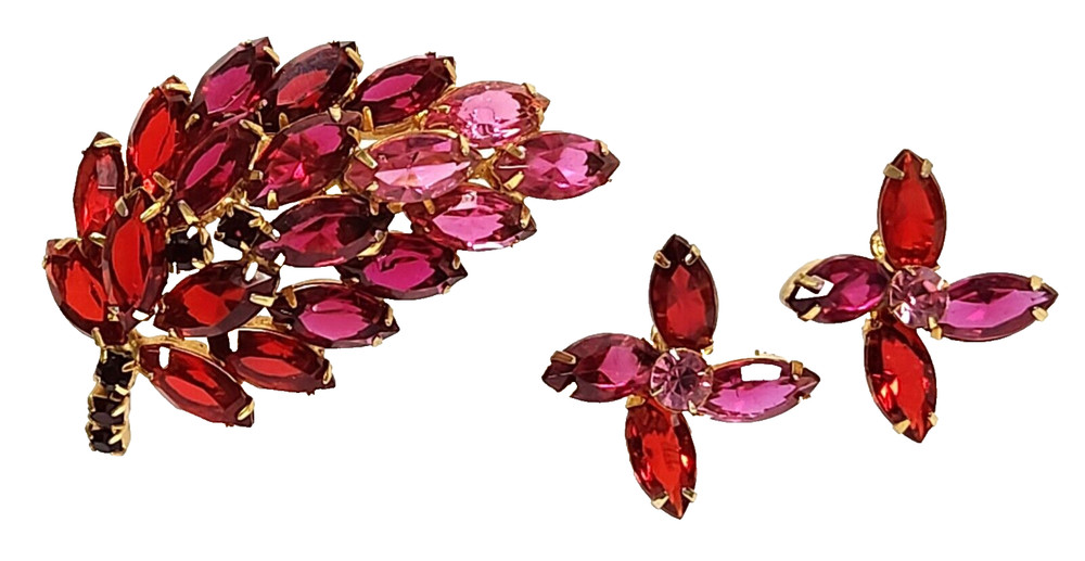 Juliana Pink & Red Marquise Shape Rhinestone Leaf Brooch Clip Earrings Set
