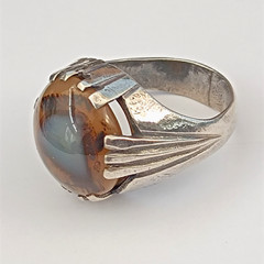 Sterling Silver Ring Men’s Vintage Natural Brown Stone Signet Pinky Retro Bold