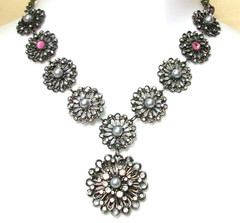Gray Faux Pearl Clear Pink Rhinestone Pendant Necklace 19″ Black Filigree Metal