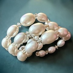 Faux Pearl Bracelet Memory Wire Crystal Multi Strand Wrap Cuff Vintage