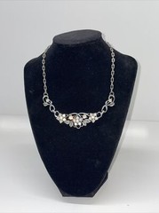 VTG Aurora Borealis Rhinestone Collar Necklace Silver Tone Floral Leaves Wedding