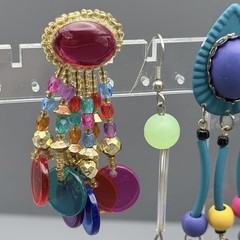 VTG 80s Post Earrings Dangle Metal Tassel Multi Color Acrylic Beads Blue Purple