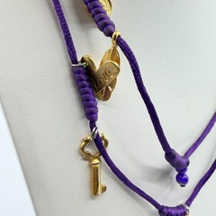 VTG Purple Silk Cord Multi Charm Layered Necklace Gold Tone Key Heart Italian