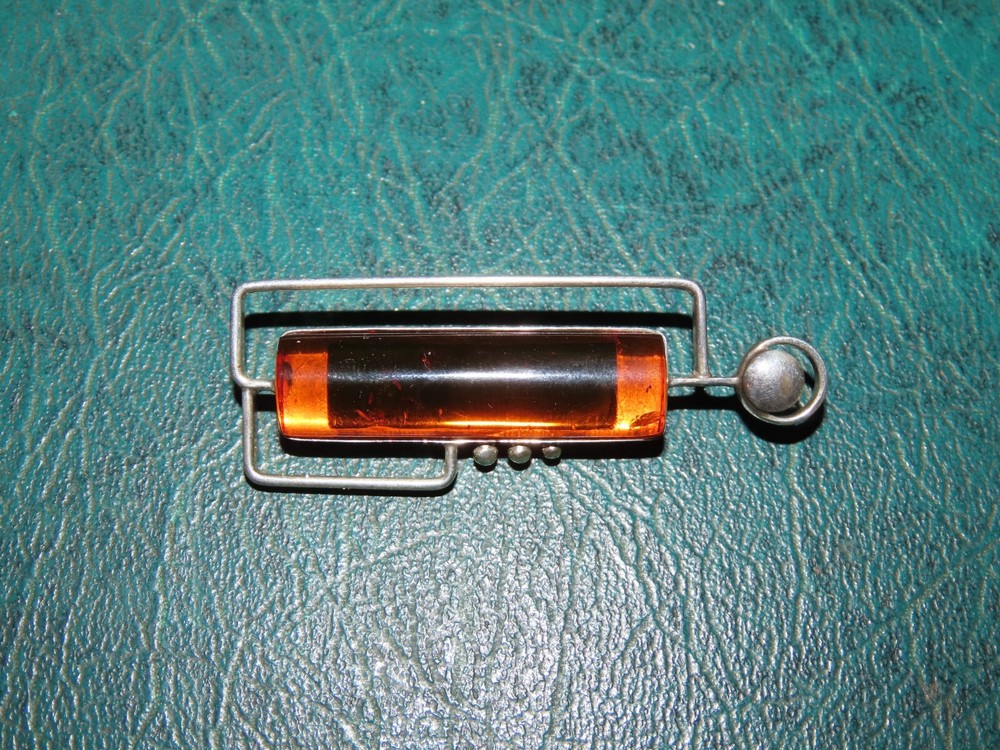 BALTIC AMBER STERLING MODERNIST PIN BROOCH MCM MADE IN RUSSIA Vtg