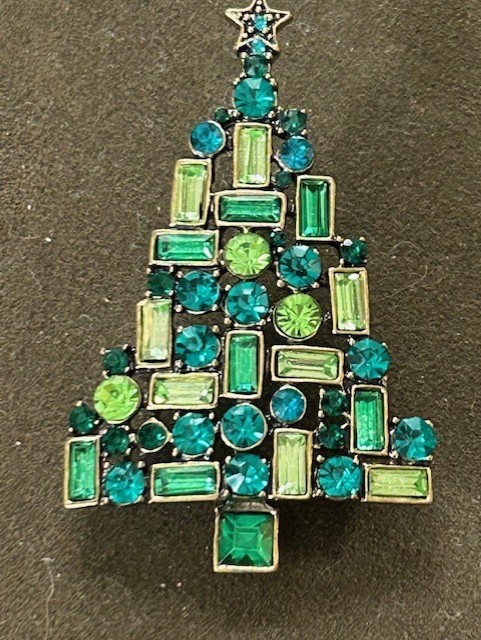 RARE Vintage Green Bezel Set Crystals Deco Geometric Christmas Tree Brooch Pin