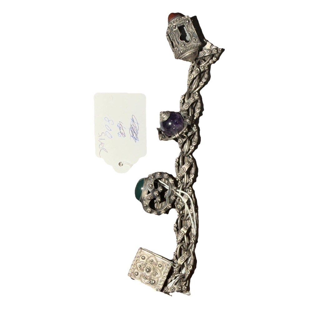 Vintage Etruscan Revival 800 Silver Fob Charm Bracelet Art Glass Stones 8″ Long