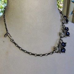Vintage Blueberry Tutti Fruitti Cabochon & Clear Rhinetone Necklace Silver Toned