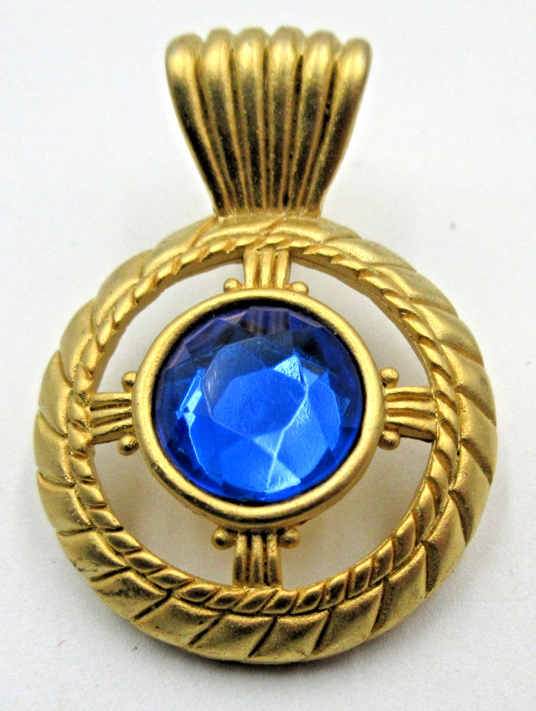 VTG UNUSUAL OPEN WORK GEOMETRIC blue glass brush gold tone pendant for Necklace