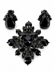Vintage Weiss Jet Black Rhinestone Crystal Brooch & Clip On Earrings Set