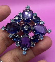 Vintage Silver Tone Prong Set Blue Rhinestone Pin Brooch 2 1/4”